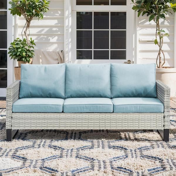 U-Weave Metal and Light Beige Wicker Outdoor 3-Seat Sectional Couch Patio Sofa with Olefin Baby Blue Cushions