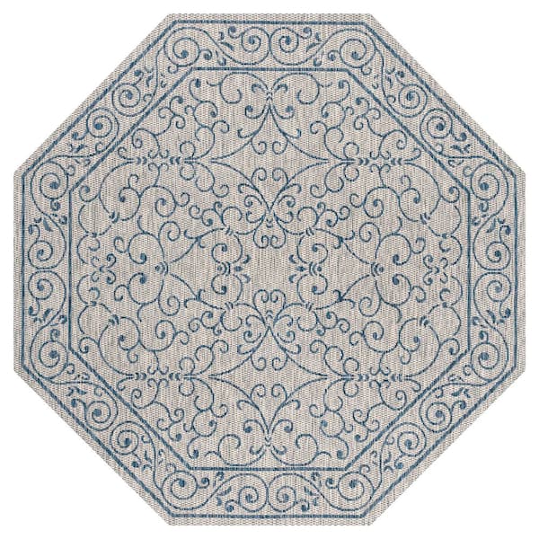 Charleston Vintage Filigree Textured Weave Gray/Navy 8 ft. Octagon Indoor/Outdoor Area Rug