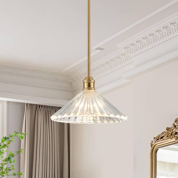 1-Light Brushed Gold Pendant Light with Clear Textured Glass Shade