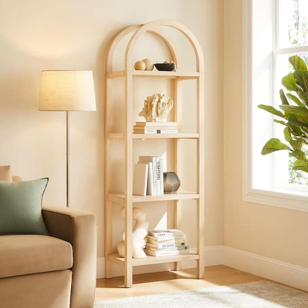 Vexley 72 Inch Tall Narrow Arched Wood Bookshelf in Natural