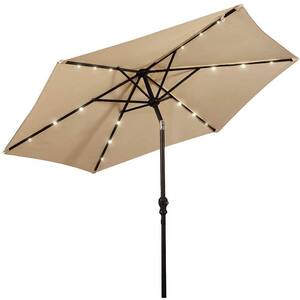 9 ft. Market Patio Umbrella in Beige with Solar Lights and 40 lbs. Steel Umbrella Stand