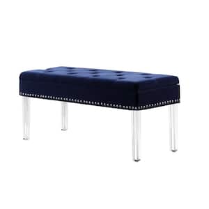 18 in. Navy Blue Tufted Mid-Century Storage Bench Nailhead Trim with Acrylic Clear Legs