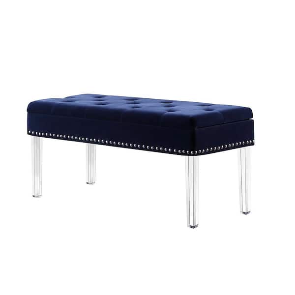 ORE International 18 in. Navy Blue Tufted Mid-Century Storage Bench Nailhead Trim with Acrylic Clear Legs