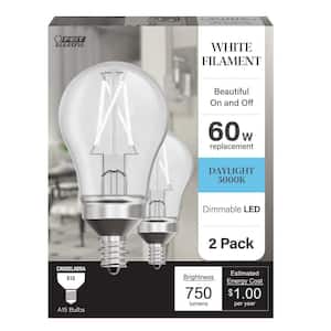 60W Equivalent A15 Dimmable White Filament CEC Clear E12 Candelabra Ceiling Fan LED Light Bulb, Daylight 5000K (2-Pack)