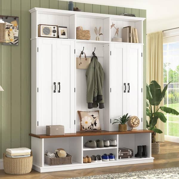 Pinevale Farmhouse White MDF Wood Coat Rack Entryway Hall Tree with Storage Shoe Bench, Cabinets and Hooks