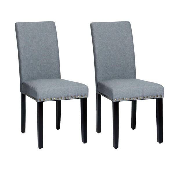 Costway Grey Fabric Nailhead Trim Dining Chairs with Wood Legs (Set of 2)