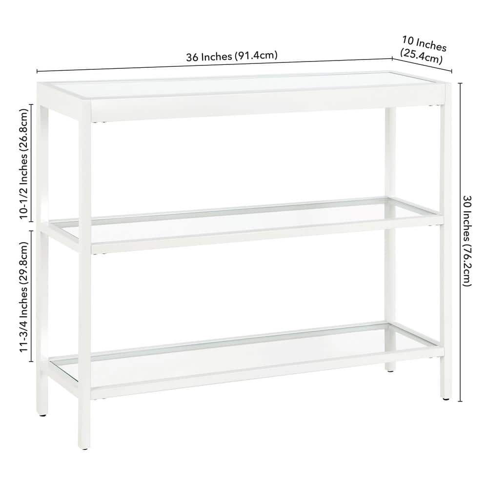 Streamlined White Metallic 36" Console Table with Tempered Glass Shelves