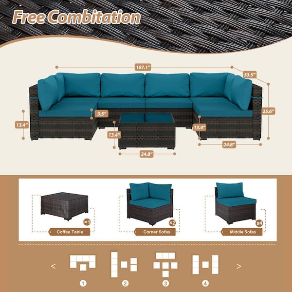 7-Piece Wicker Patio Conversation Sectional Seating Set with Lake Blue Cushions