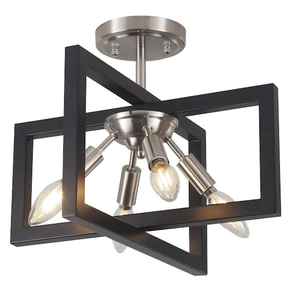 14.5 in. 4-Light Geometric Nickel Modern Semi-Flush Mount Ceiling Light with No Bulbs Included