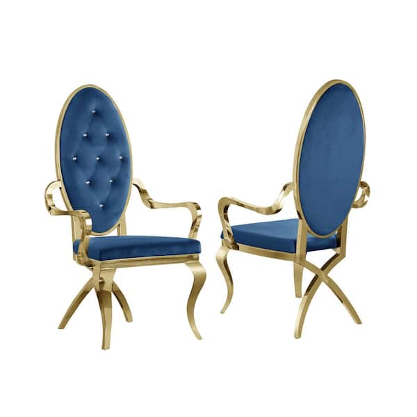 Best Quality Furniture Ted Navy Blue Velvet Gold Stainless Steel Arm Chairs (Set of 2)