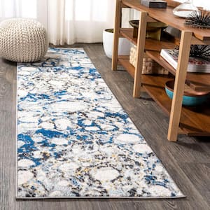 Dark Gray/Blue 2 ft. x 8 ft. Navy and Gray Marbled Abstract Runner Rug