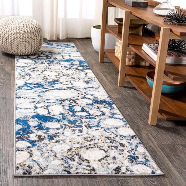 JONATHAN Y Dark Gray/Blue 2 ft. x 8 ft. Navy and Gray Marbled Abstract Runner Rug