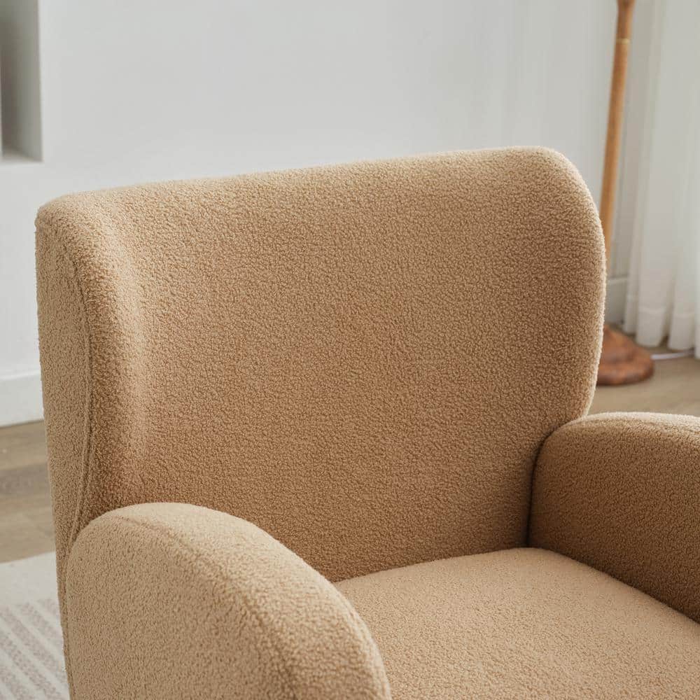 Camel Boucle Upholstered Barrel Accent Chair with Wood Legs