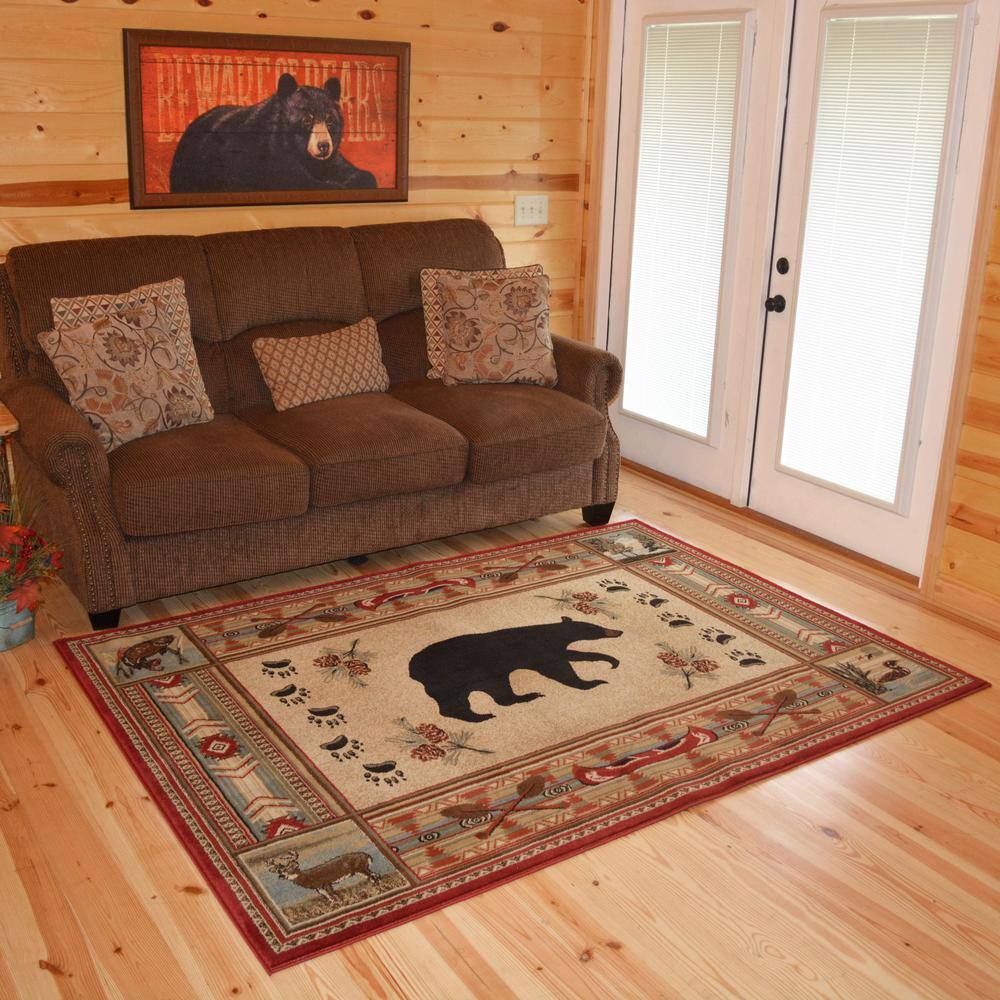 Hearthside Woodlands Bear Red and Beige Rustic Area Rug