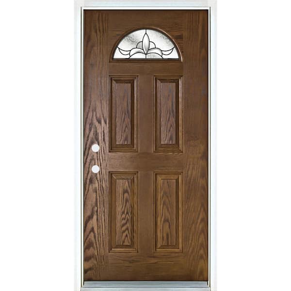 MP Doors 32 in. x 80 in. Right-Hand 1/4 Fan Lite Andaman Decorative Glass Medium Oak Stained Fiberglass Prehung Front Door