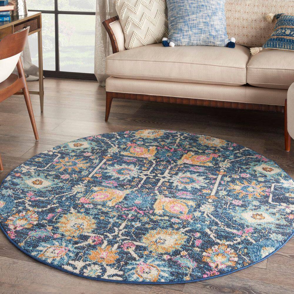 Bohemian Navy Floral Round Synthetic Area Rug - 5'3"