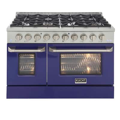 Pro-Style 48 in. 6.7 cu. ft. Double Oven Natural Gas Range with 8 Burners in Stainless Steel and Blue Oven Doors