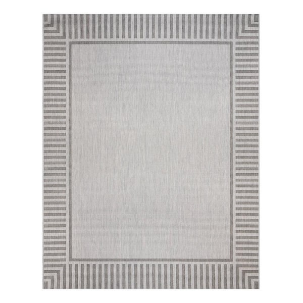 Paseo Kiano Ash/Steel 8 ft. x 10 ft. Striped Border Indoor/Outdoor Area Rug