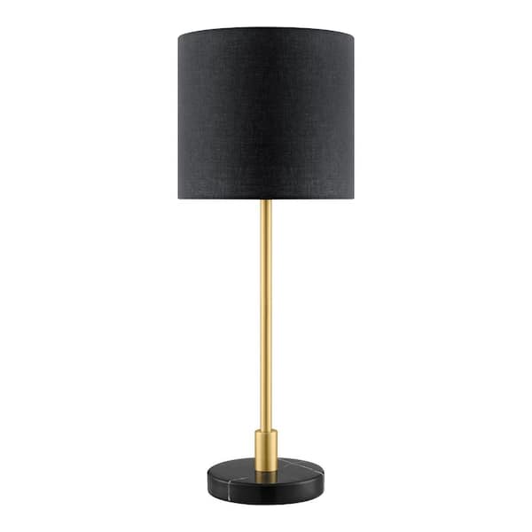 Hampton Bay Raeburn 23 in. Steel and Marble Aged Brass Indoor Table Lamp with Black Fabric Shade