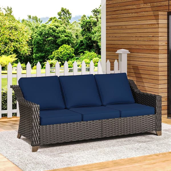Wicker Outdoor Patio Sectional Sofa with Thick Deep Blue Cushions