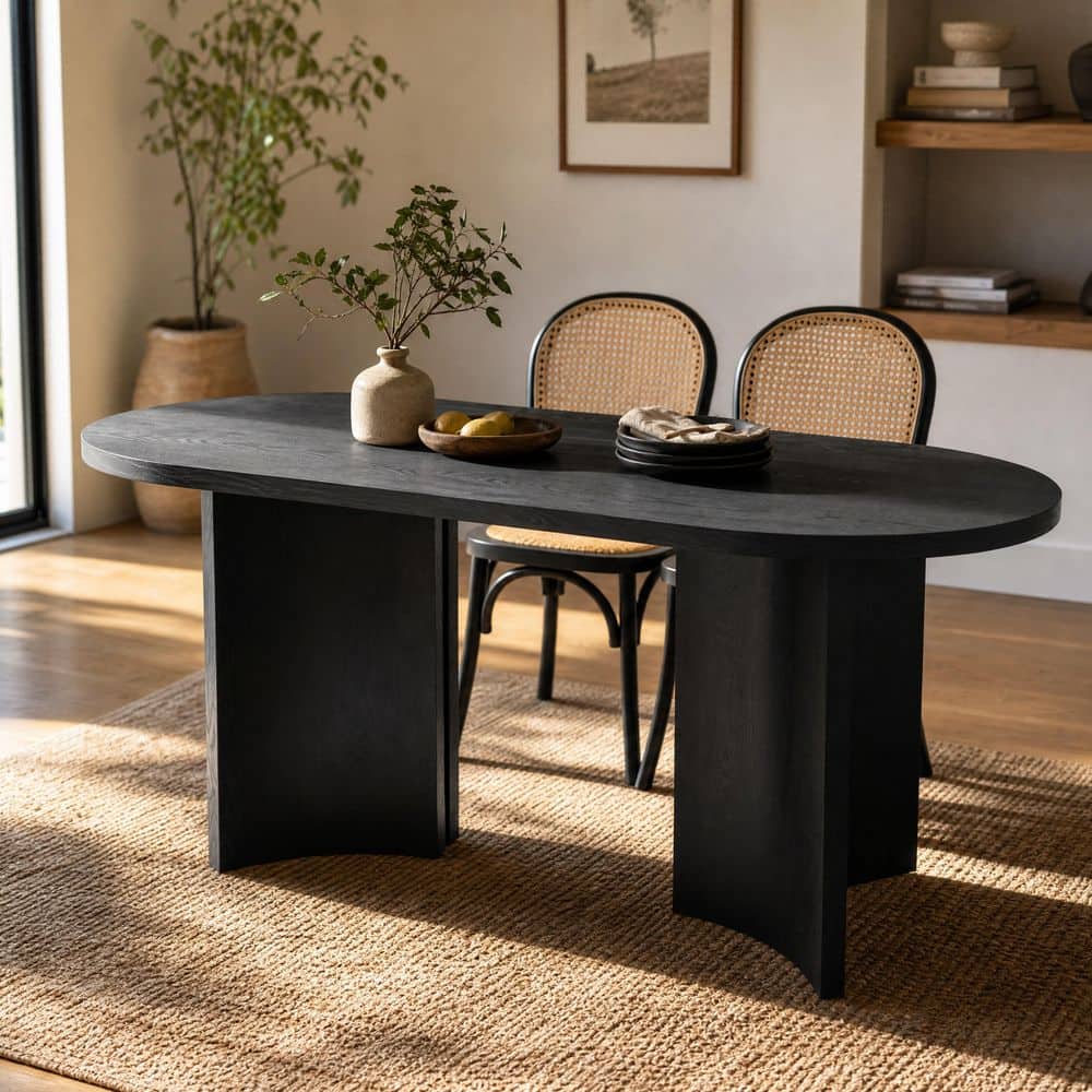 Rhona Oval Black Wood 65.35 in. Trestle Base Dining Table with Unique Curved Legs Seats 4 price history on PriceWatchPro