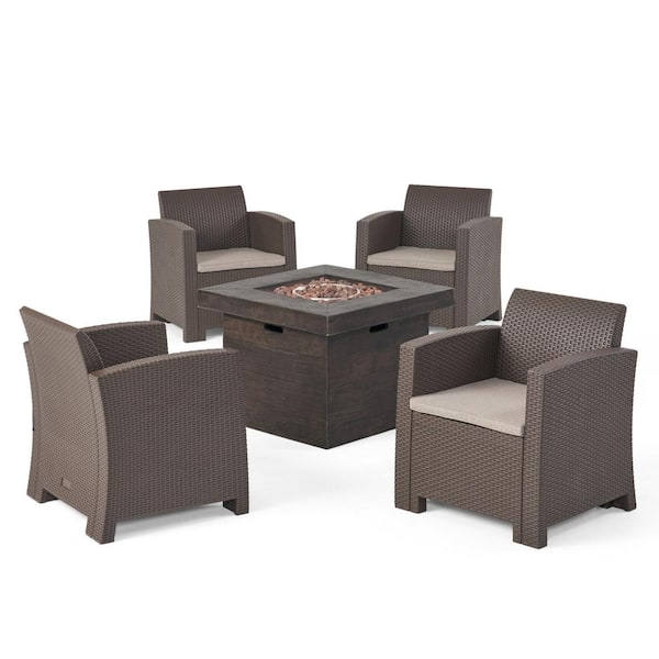 Noble House Bedrock 5-Piece Faux Wicker Outdoor Patio Fire Pit Conversation Set with Mixed Beige Cushions