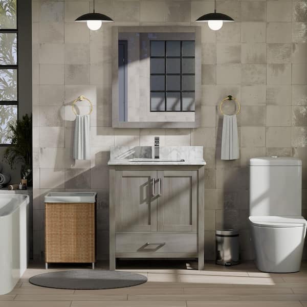 Jacques 30 in. W x 22 in. D Distressed Grey Bath Vanity, Carrara Marble Topand 28 in. Mirror