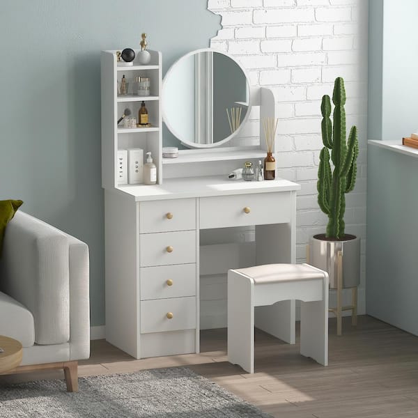 5 Drawers White Makeup Vanity Table Set, White Makeup Dresser With Mirror