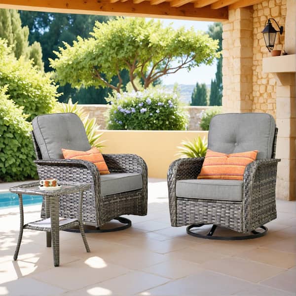 Toject Galene Gray 3-Piece Wicker Outdoor Patio Conversation Swivel Rocking Chair Seating Set with Dark Gray Cushions