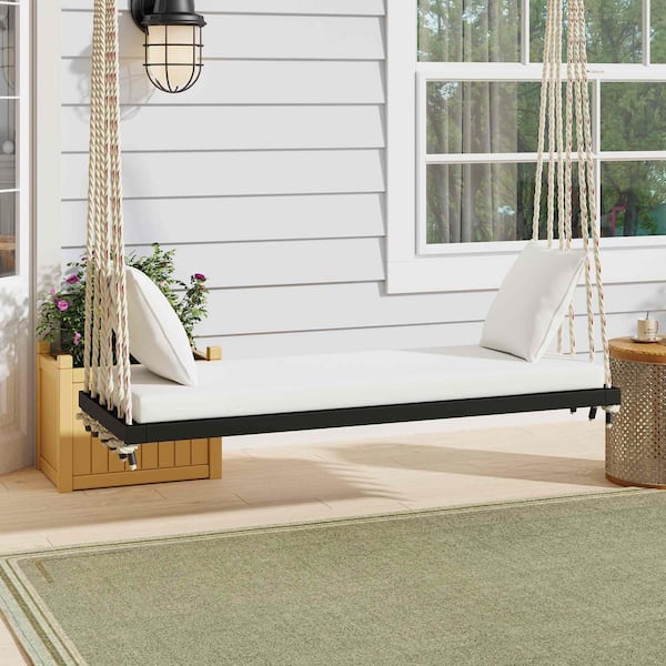 Patio 2-Person Black Acacia Wood Porch Swing with Beige Cushions and Pillows