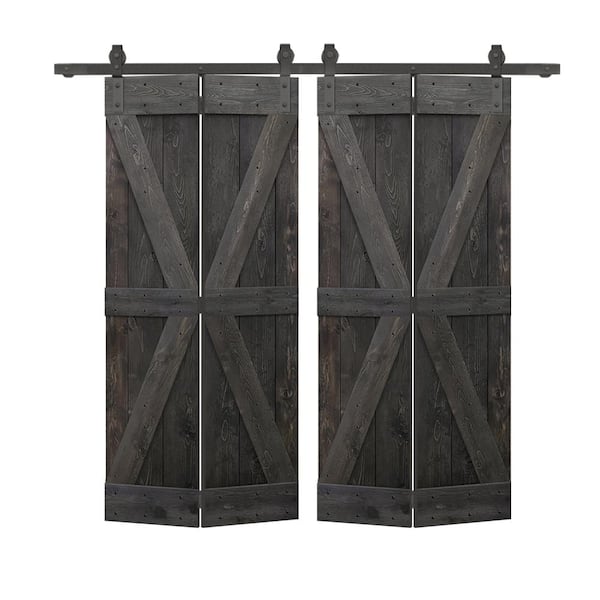 72 in. x 84 in. British K Pre-Assembled Solid Core Charcoal Black Wood Double Bi-Fold Doors with Sliding Hardware Kit