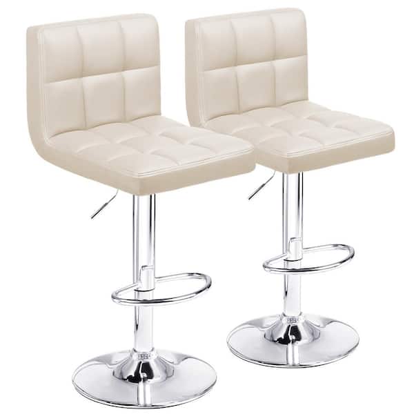 LACOO 33 in. - 44 in. Height Beige Low Back Metal Adjustable Bar Stool with PU Leather-Seat 360° Swivel (Set of 2)