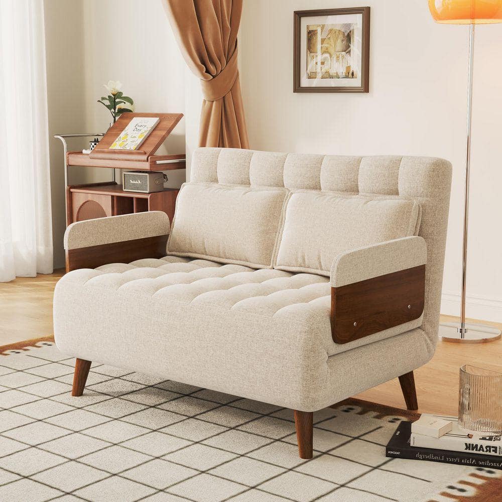 JASIWAY 44.88 in. Walnut Folding Twin Sleeper Size Linen Sofa Bed