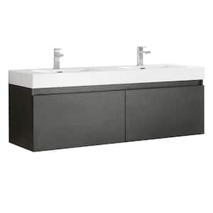Mezzo 60 in. Modern Wall Hung Bath Vanity in Black with Double Vanity Top in White with White Basins