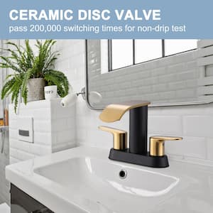 4 in. Centerset Double-Handle Waterfall Bathroom Sink Faucet Stainless Steel with Pop Up Drain Kit in Black and Gold