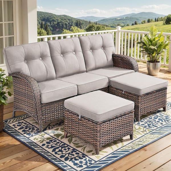 Brynn 3-Piece Brown Wicker Patio Couch Outdoor Sectional Sofa Set Furniture Set with Beige Cushions and Ottomans
