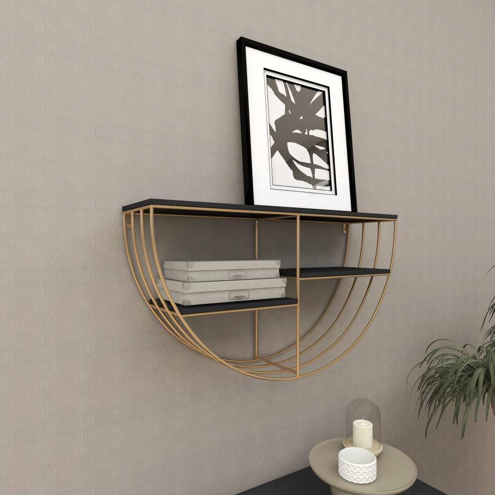 Elegant Black and Gold 28" Floating Half Moon Wall Shelf