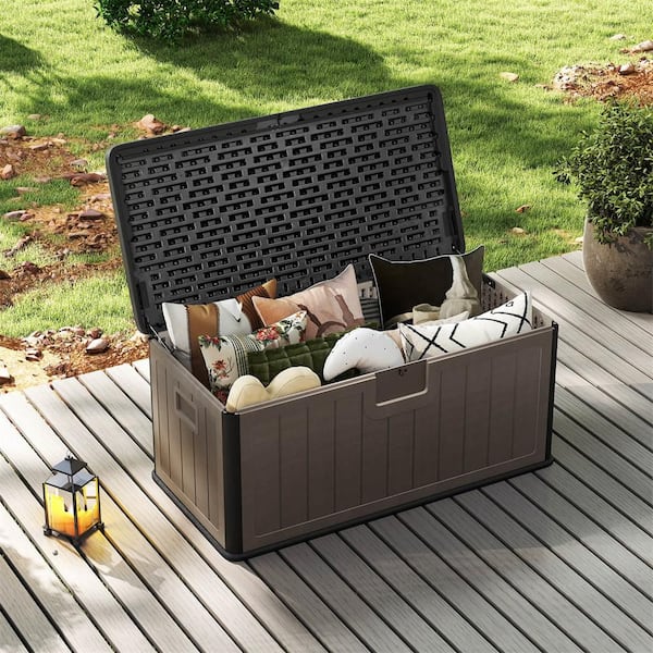 Costway 100 Gal. Brown and Black Plastic Deck Box with Lockable