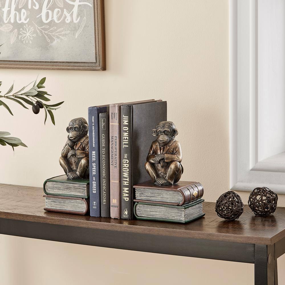 Antique Patina Finish Monkey Bookends with Resin Base