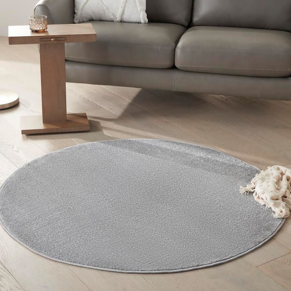 Essentials 4 ft. x 4 ft. Silver Gray Round Solid Contemporary Indoor/Outdoor Patio Area Rug