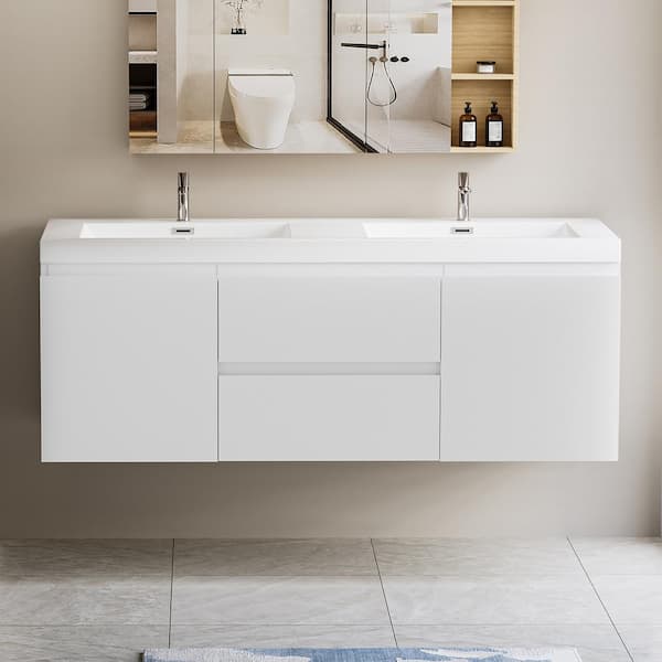Staykiwi Double Sinks Wall Mounted Bath Vanity in White 59 in. W x 19.7 in. D x 22.5 in. H with Cultured Marble Top