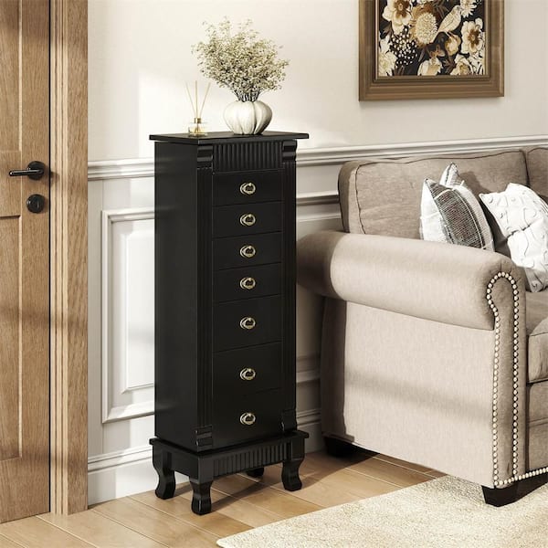 Black Wood Free Standing 15 in. W Jewelry Armoire Box with Necklace Hooks, Storage Chest Stand Organizer Christmas Gift