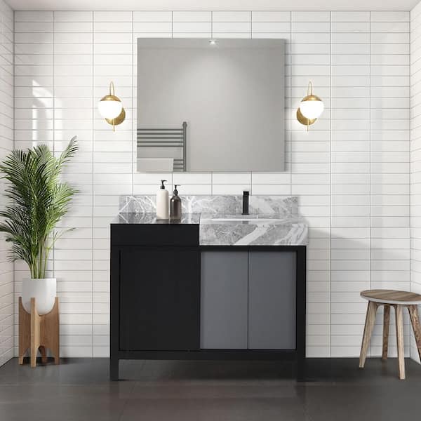 Zilara 36 in x 22 in D Black and Grey Bath Vanity, Castle Grey Marble Top, Gun Metal Faucet Set and 30 in Mirror