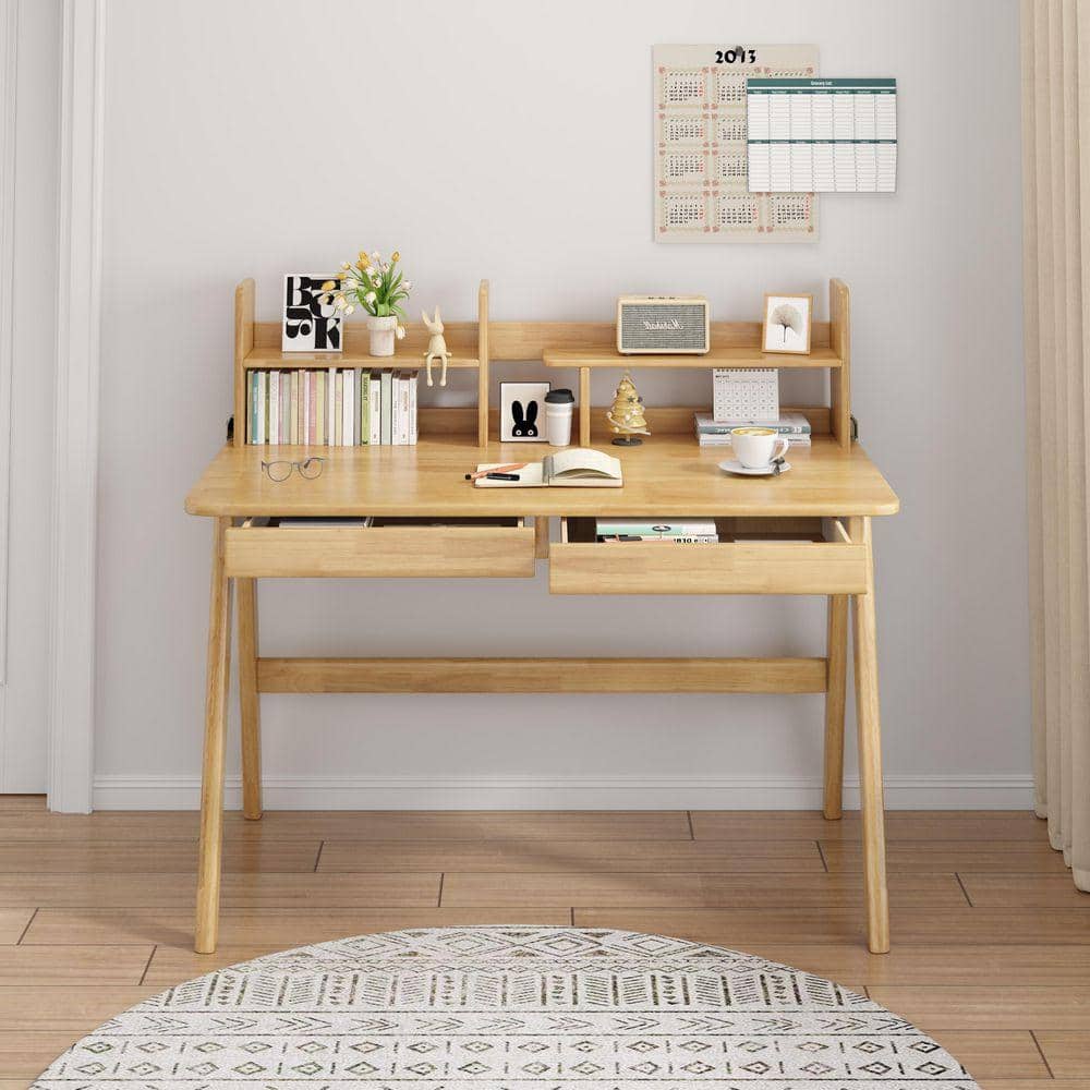 B BALANBO 1-Piece Beige Kids Study Desk Rubber Wood with Bookshelf and ...