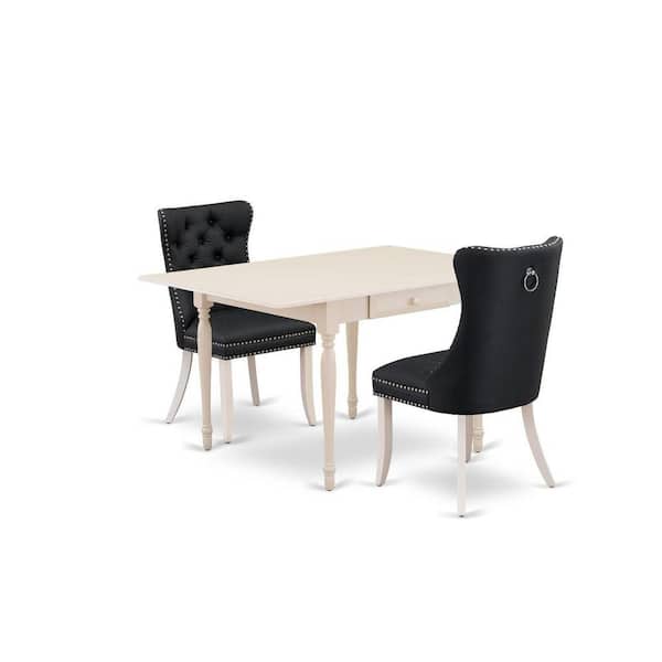 East West Furniture 3-Piece Linen White Finish Rectangular Solid Wood Top with Dropleaf Dining Table Set