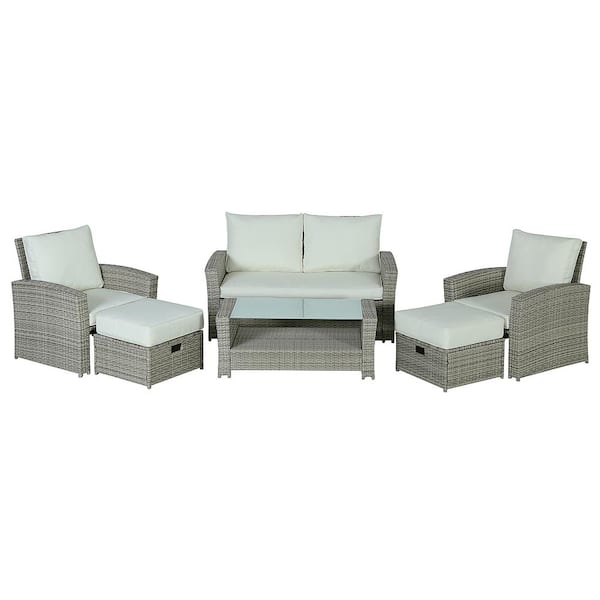 Unbranded 6-Piece Gray Wicker Outdoor Patio Sectional Sofa Conversation Set with White Cushions table and 2 ft. stools