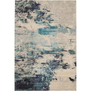 Celestial Sublime Ivory/Teal Blue 6 ft. x 9 ft. Abstract Modern Area Rug