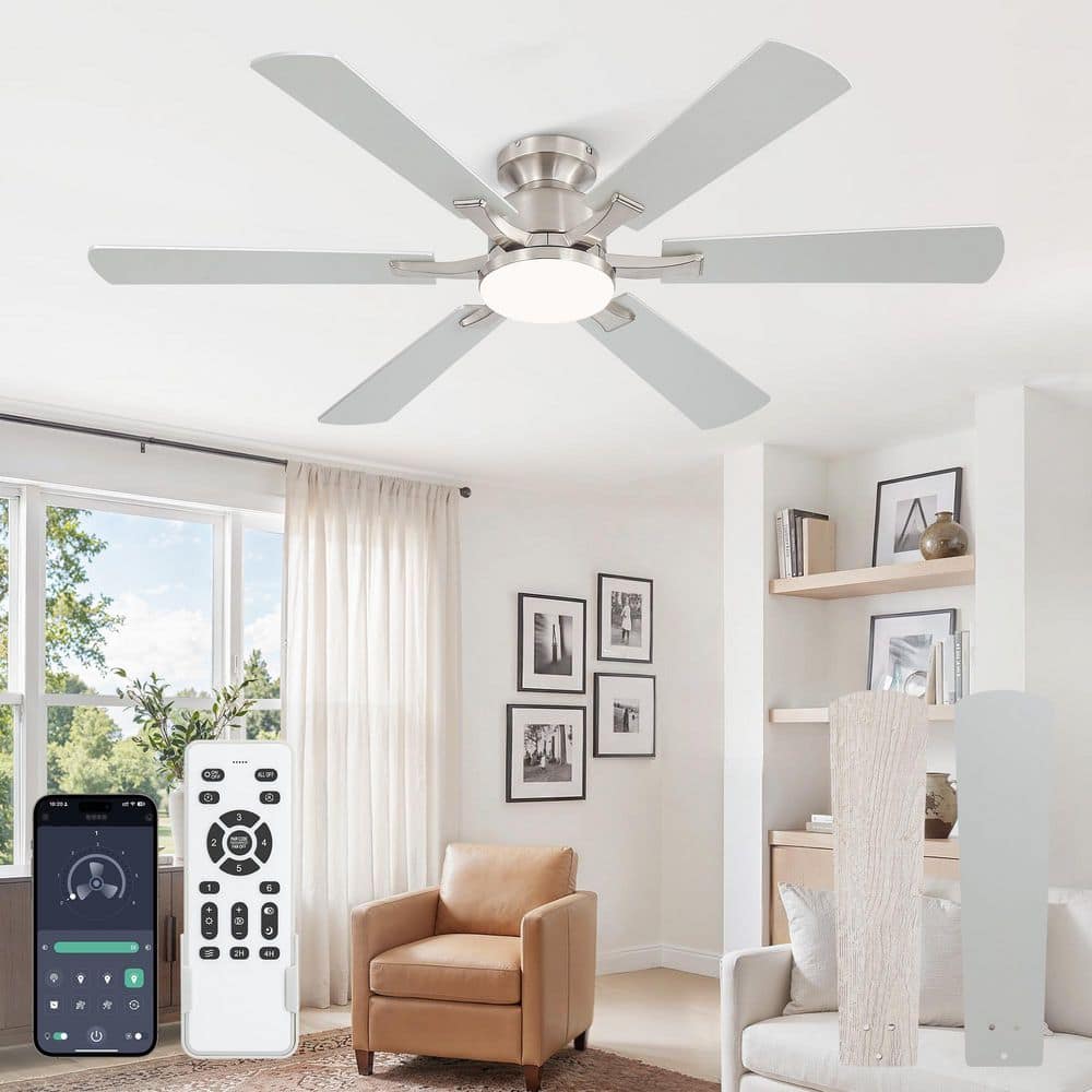 52 in. Standard Nickel in.door/Outdoor Ceiling Fans with Lights Remote/APP Reversible 6Speed Flush mount for Living Room price history on PriceWatchPro