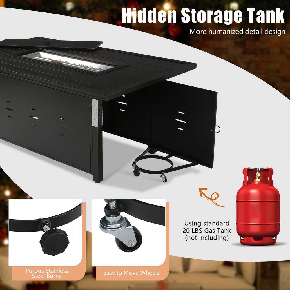 Infographic showing the fire pit table with an open storage compartment.