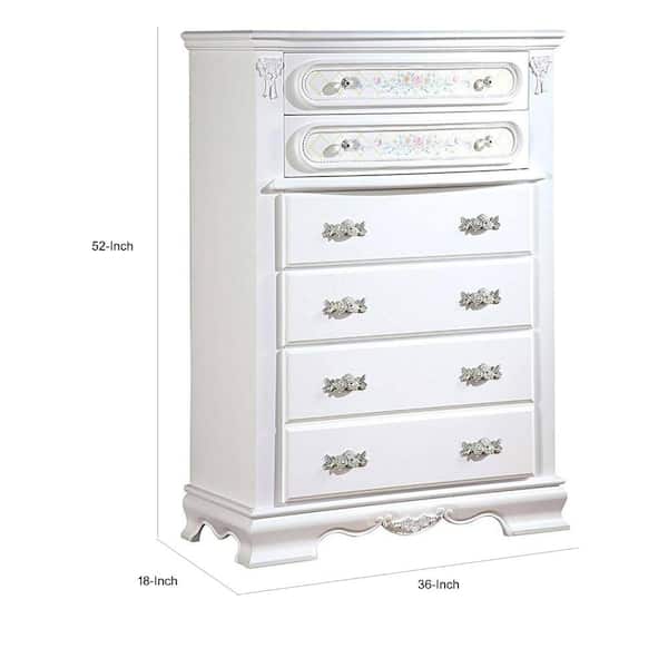 Auri 52 Inch Tall Dresser Chest, 5 Drawers, Crown Molding, White Wood Auri 52 Inch Tall Dresser Chest, 5 Drawers, Crown Molding, White Wood